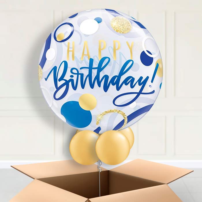 Happy Birthday Blue and Gold Bubble Balloon in a Box - Bubble Balloon | Party Save Smile