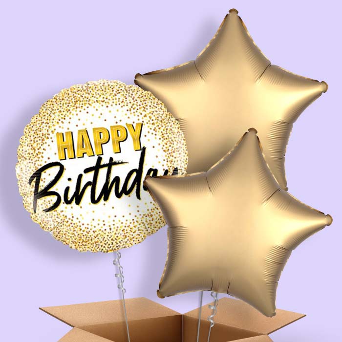 Gold Glitter Helium Balloons in a Box - Happy Birthday - 3 Balloon | Party Save Smile