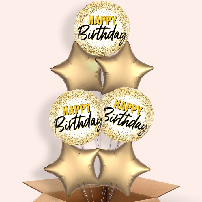 Gold Glitter Helium Balloons in a Box - Happy Birthday - 7 Balloon | Party Save Smile