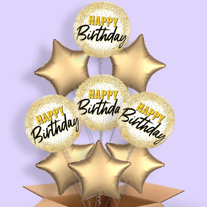 Gold Glitter Helium Balloons in a Box - Happy Birthday - 9 Balloon | Party Save Smile