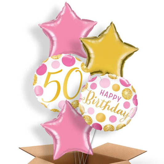 Pink and Gold Dots 50th Birthday Helium Balloon in a Box - 5 Balloon | Party Save Smile