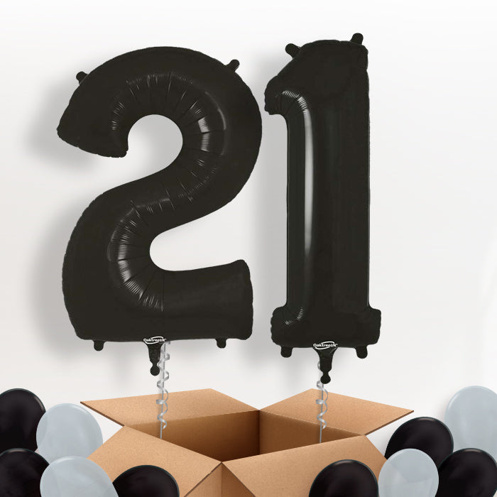 Black 21 Balloons in a Box: 21st Birthday Number Balloons - Package | Party Save Smile