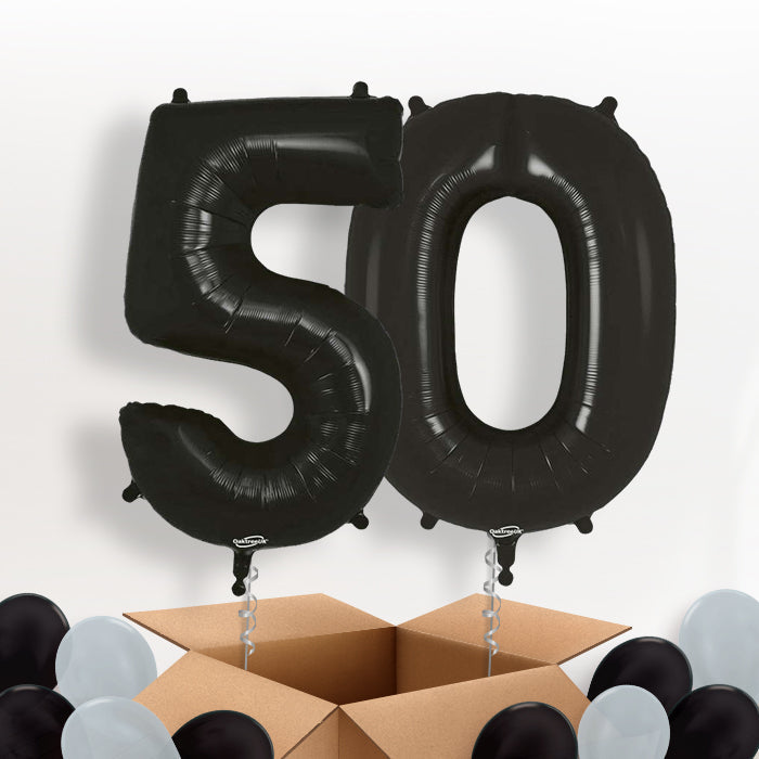 Black 50 Balloons in a Box: 50th Number Helium Balloons - Package | Party Save Smile