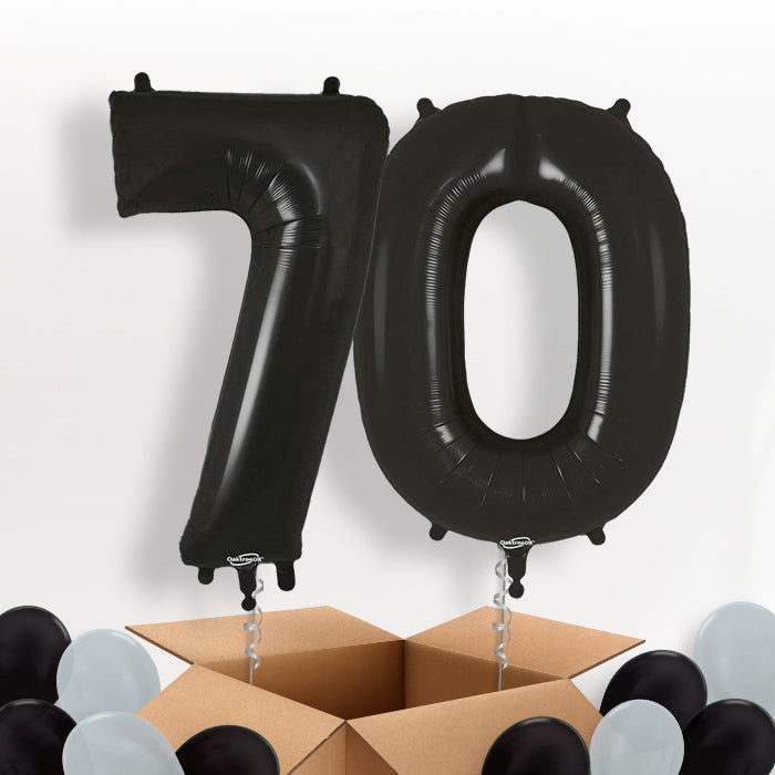 Black 70 Balloons in a Box: 70th Number Helium Balloons - Package | Party Save Smile