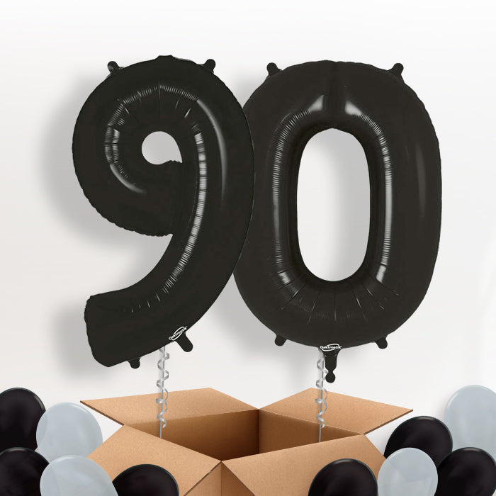Black 90 Balloons in a Box: 90th Number Helium Balloons - Package | Party Save Smile