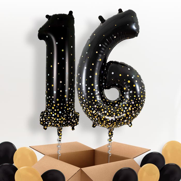 Black and Gold 16 Helium Balloons in a Box - Package | Party Save Smile