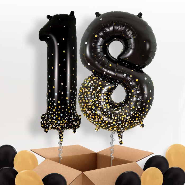 Black and Gold 18 Helium Balloons in a Box - Package | Party Save Smile