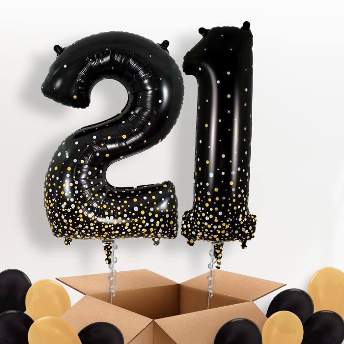 Black and Gold 21 Helium Balloons in a Box - Package | Party Save Smile
