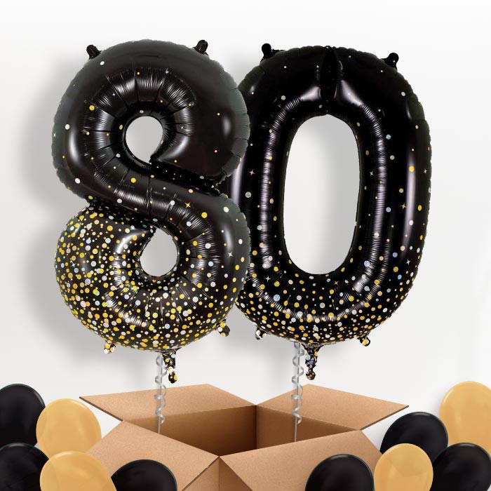 Black and Gold 80 Helium Balloons in a Box - Package | Party Save Smile