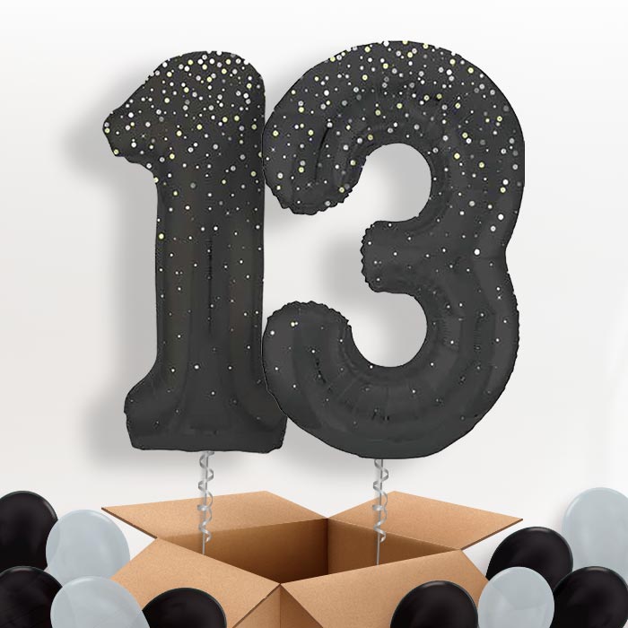 Black and Silver Dots 13 Helium Balloons in a Box - Package | Party Save Smile