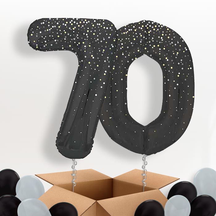 Black and Silver Dots 70 Helium Balloons in a Box - Package | Party Save Smile