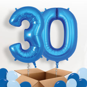 Blue 30 Balloons in a Box: 30th Number Helium Balloons