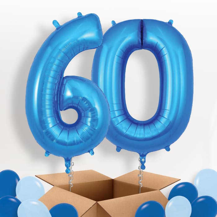 Blue 60 Balloons in a Box: 60th Number Helium Balloons - Package | Party Save Smile