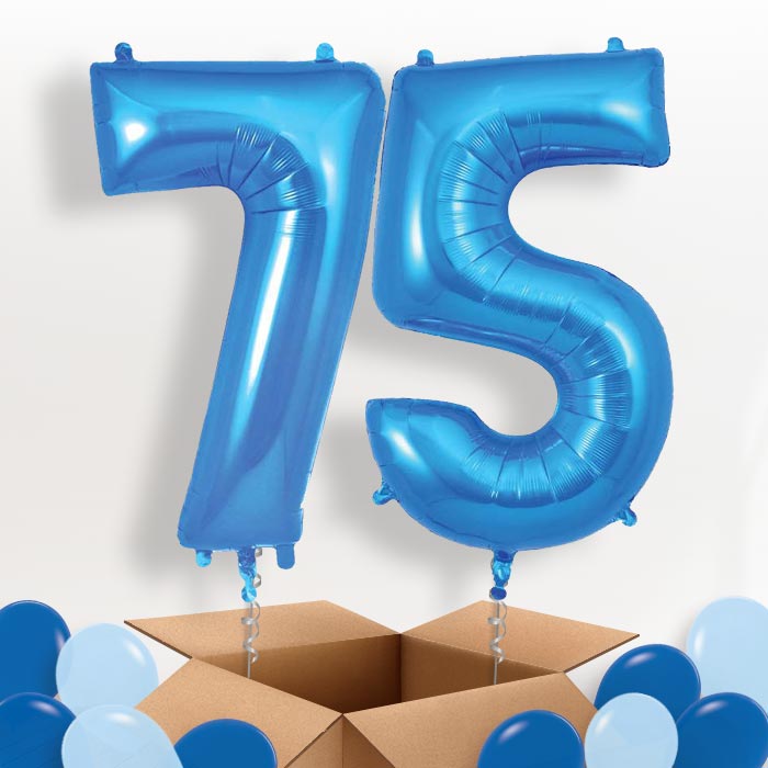 Blue 75 Balloons in a Box: 75th Number Helium Balloons - Package | Party Save Smile