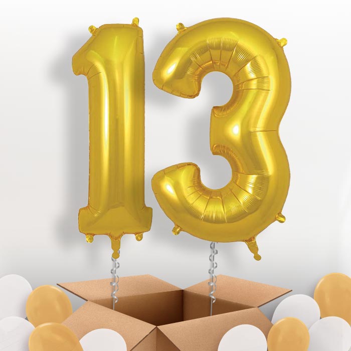 Gold 13 Balloons in a Box: 13th Number Helium Balloons - Package | Party Save Smile