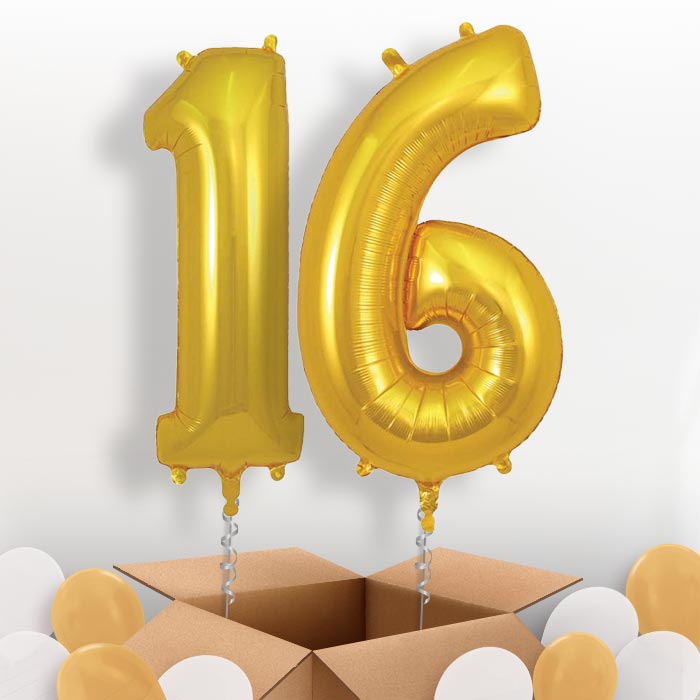 Gold 16 Balloons in a Box: 16th Number Helium Balloons - Package | Party Save Smile