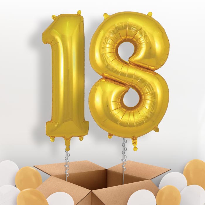 Gold 18 Balloons in a Box: 18th Number Helium Balloons - Package | Party Save Smile