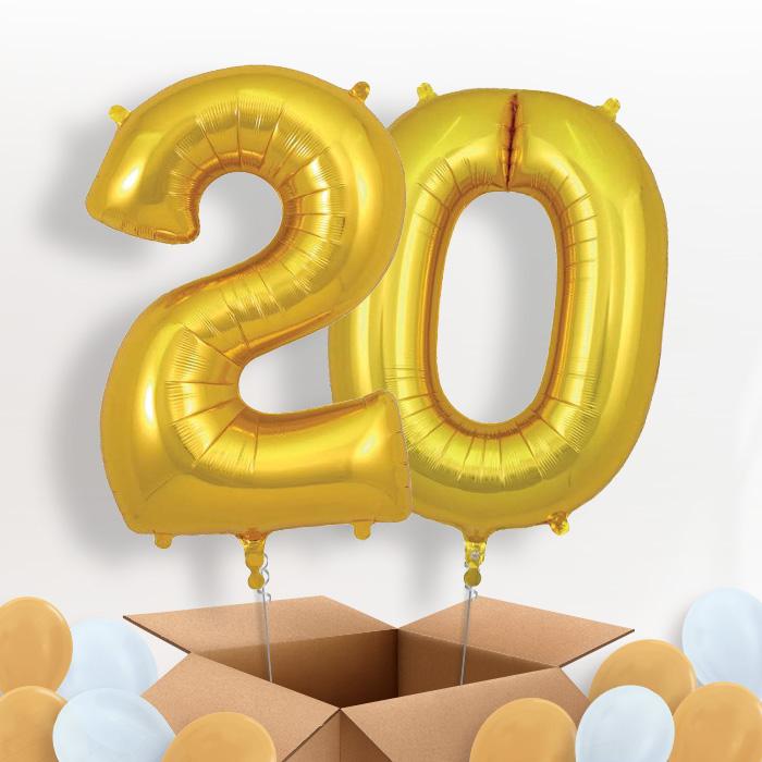Gold 20 Balloons in a Box: 20th Number Helium Balloons - Package | Party Save Smile