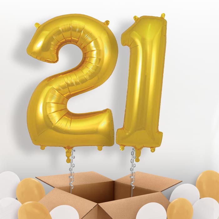 Gold 21 Balloons in a Box: 21st Number Helium Balloons - Package | Party Save Smile