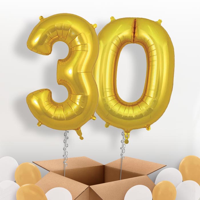 Gold 30 Balloons in a Box: 30th Number Helium Balloons - Package | Party Save Smile