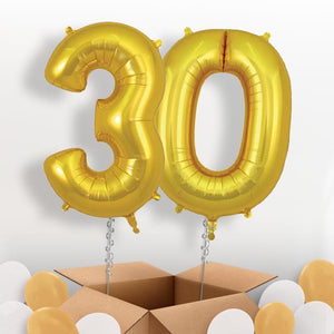 Gold 30 Balloons in a Box: 30th Number Helium Balloons