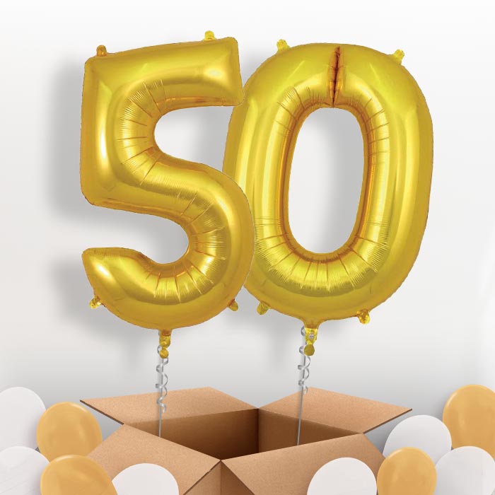 Gold 50 Balloons in a Box: 50th Number Helium Balloons - Package | Party Save Smile