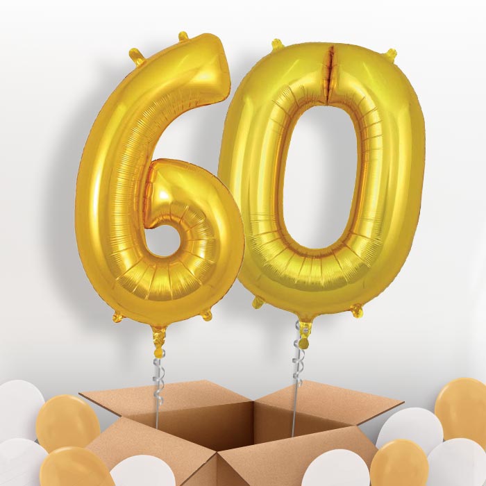 Gold 60 Balloons in a Box: 60th Number Helium Balloons - Package | Party Save Smile