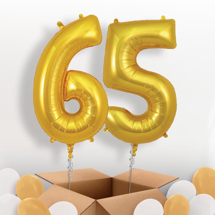 Gold 65 Balloons in a Box: 65th Number Helium Balloons - Package | Party Save Smile
