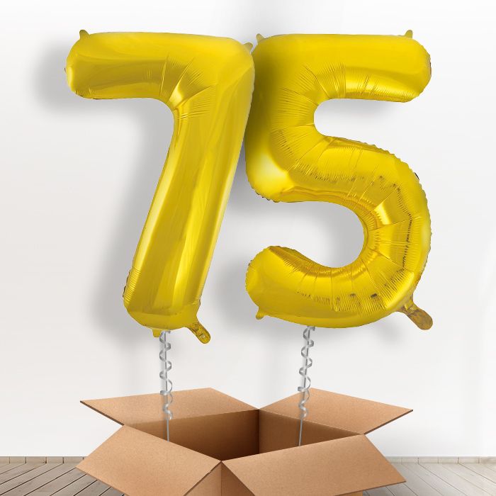 75 Helium Balloons in a Box - Gold Numbers - Package | Party Save Smile