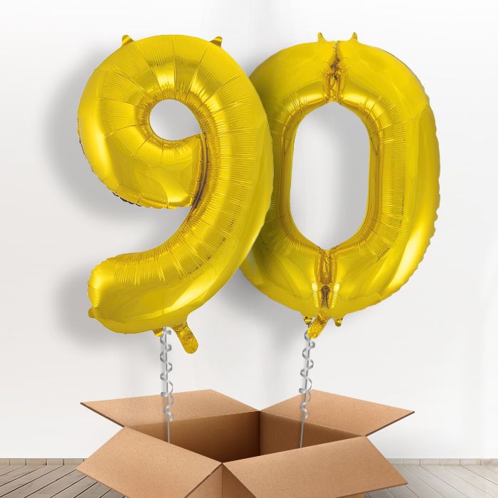 90 Birthday Helium Balloons in a Box - Gold - Package | Party Save Smile
