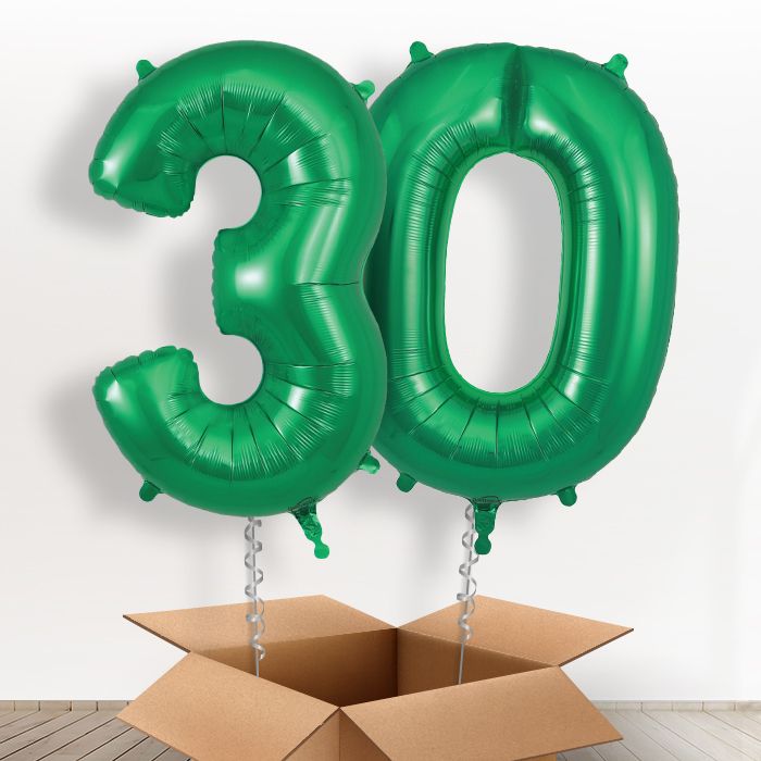 Green 30 Balloons in a Box: 30th Number Helium Balloons - Package | Party Save Smile