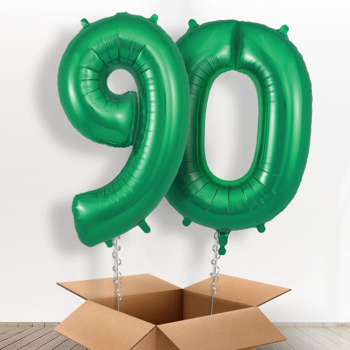Green 90 Balloons in a Box: 90th Number Helium Balloons - Package | Party Save Smile