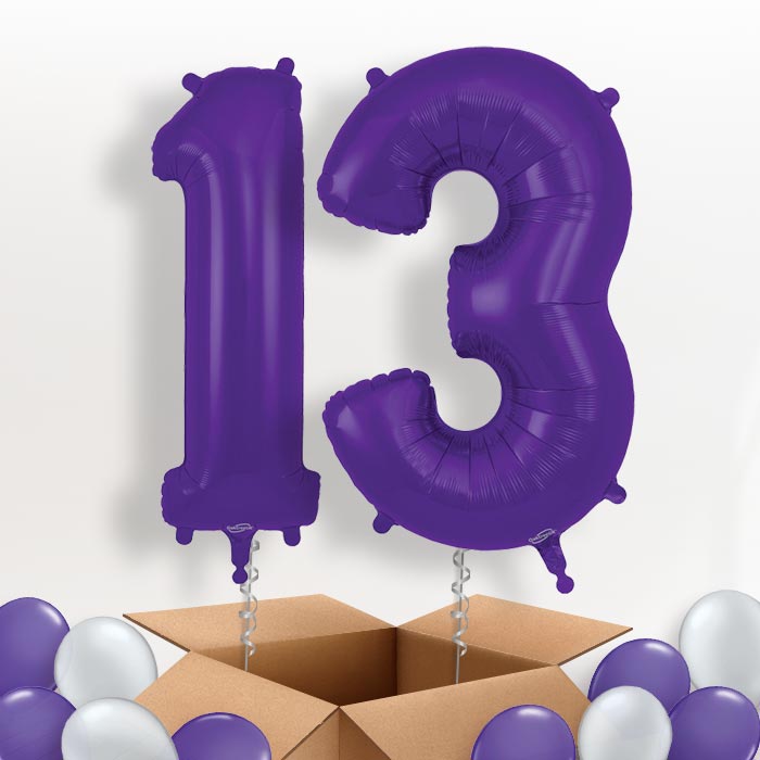Purple 13 Balloons in a Box: 13th Birthday Number Balloons - Package | Party Save Smile
