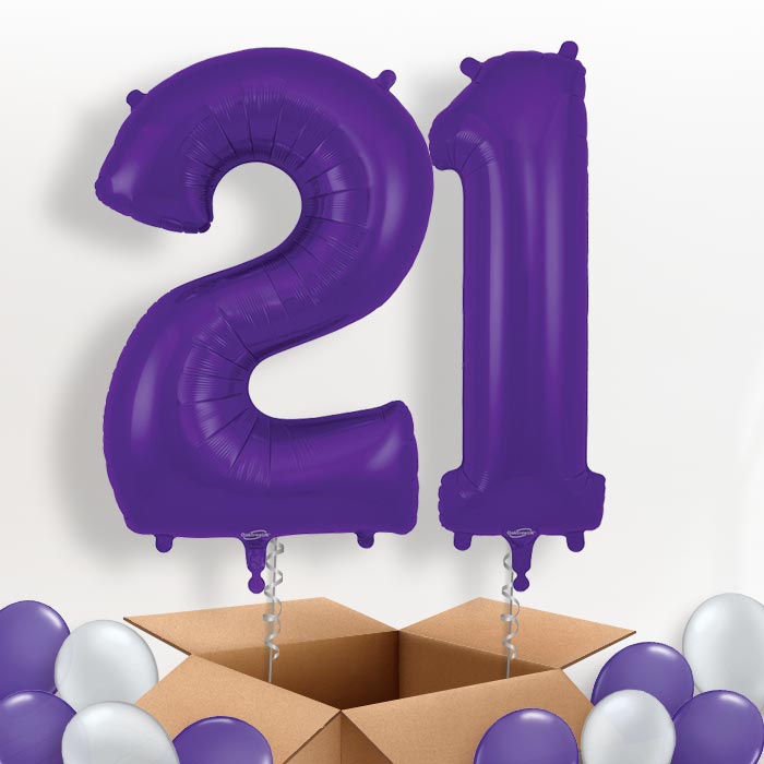 Purple 21 Balloons in a Box: 21st Birthday Number Balloons - Package | Party Save Smile