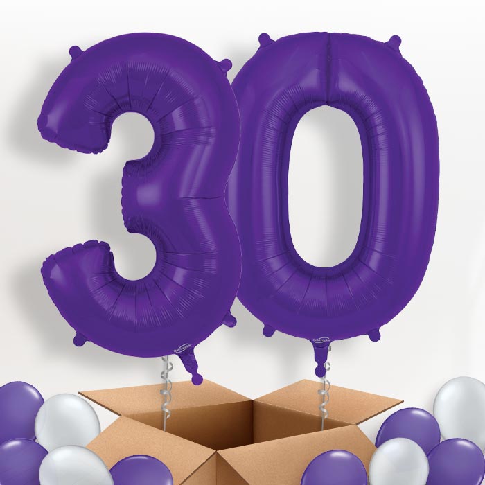 Purple 30 Balloons in a Box: 30th Birthday Number Balloons - Package | Party Save Smile
