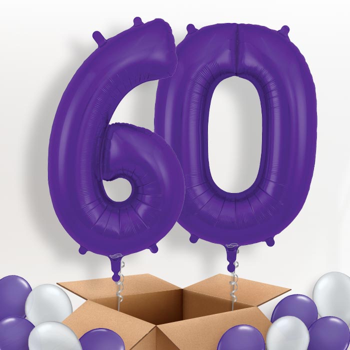 Purple 60 Balloons in a Box: 60th Birthday Number Balloons - Package | Party Save Smile