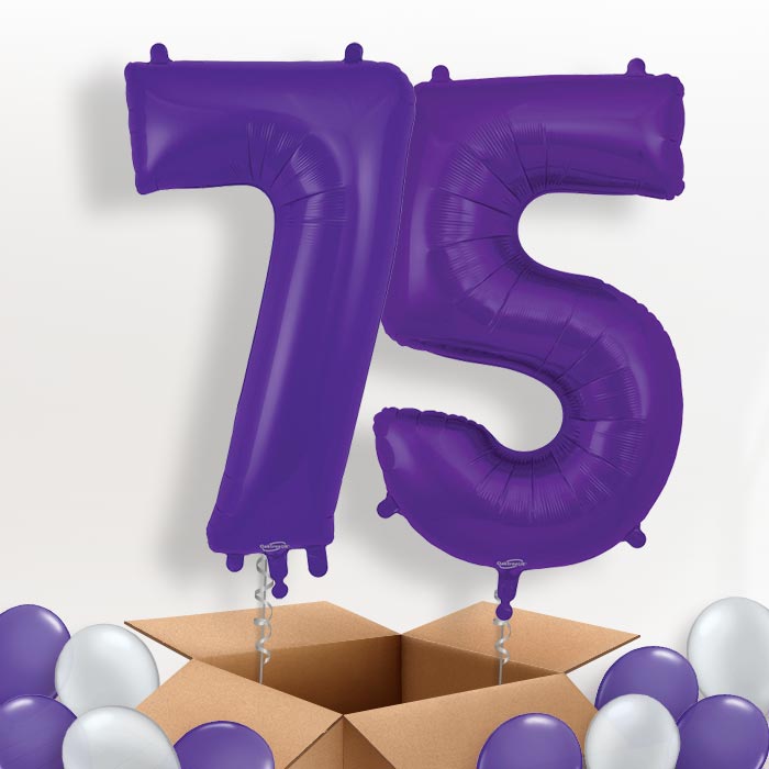 Purple 75 Balloons in a Box: 75th Birthday Number Balloons - Package | Party Save Smile