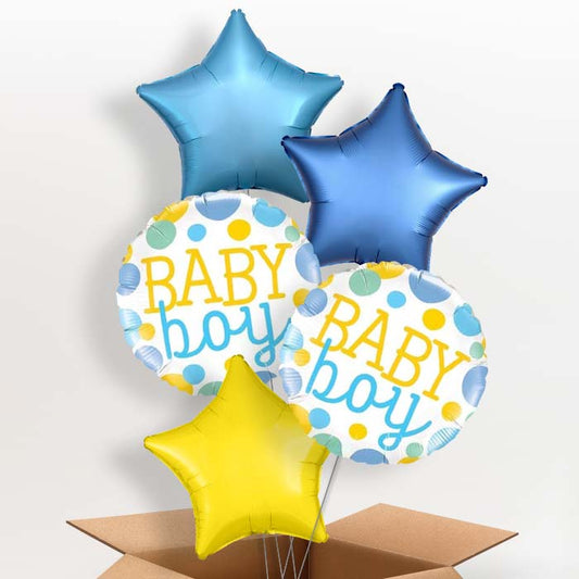 Dots & Spots Baby Boy Helium Balloons in a Box: New Baby Balloon - 5 Balloon | Party Save Smile
