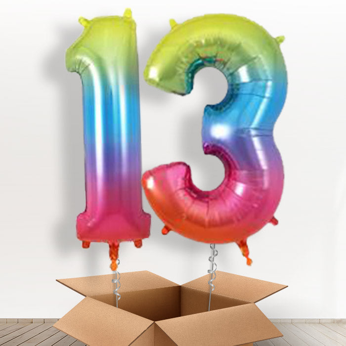 Big Rainbow 13 Number Balloons in a Box: 13th Birthday Balloons - Package | Party Save Smile