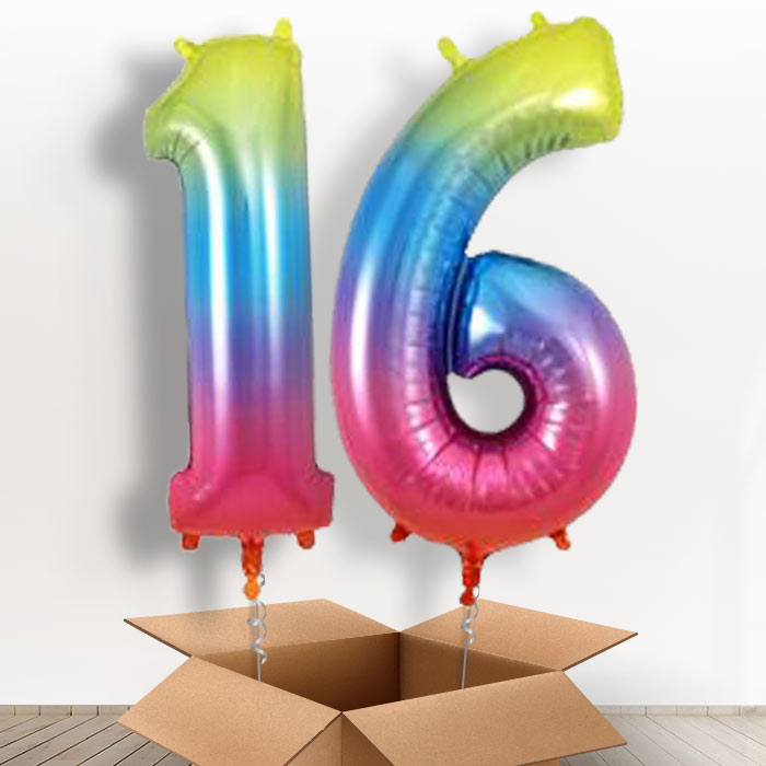 Rainbow 16th Birthday Helium Balloon Numbers in a Box - Package | Party Save Smile
