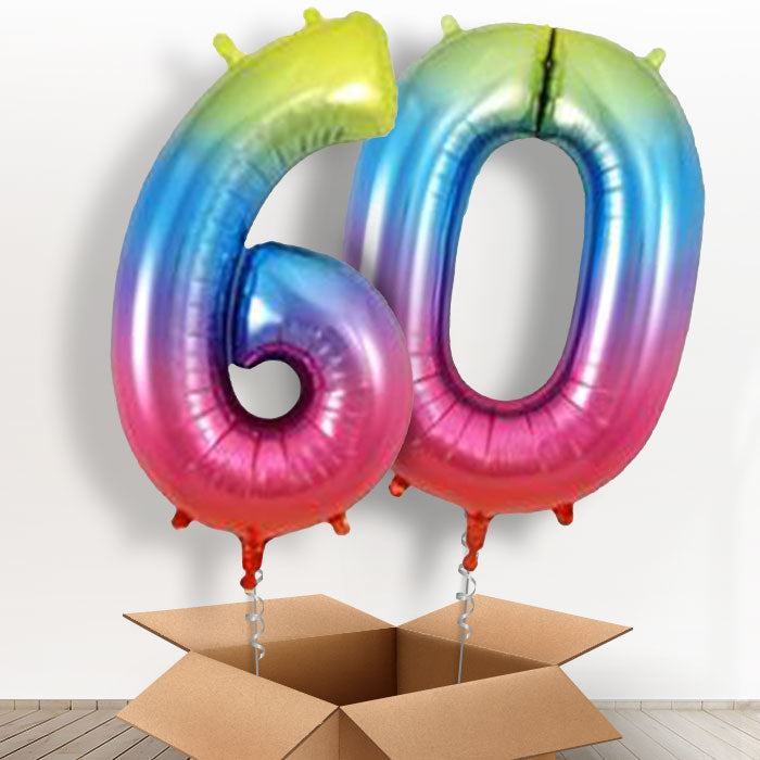 Rainbow 60 Number Helium Balloons Delivered in a Box - Package | Party Save Smile