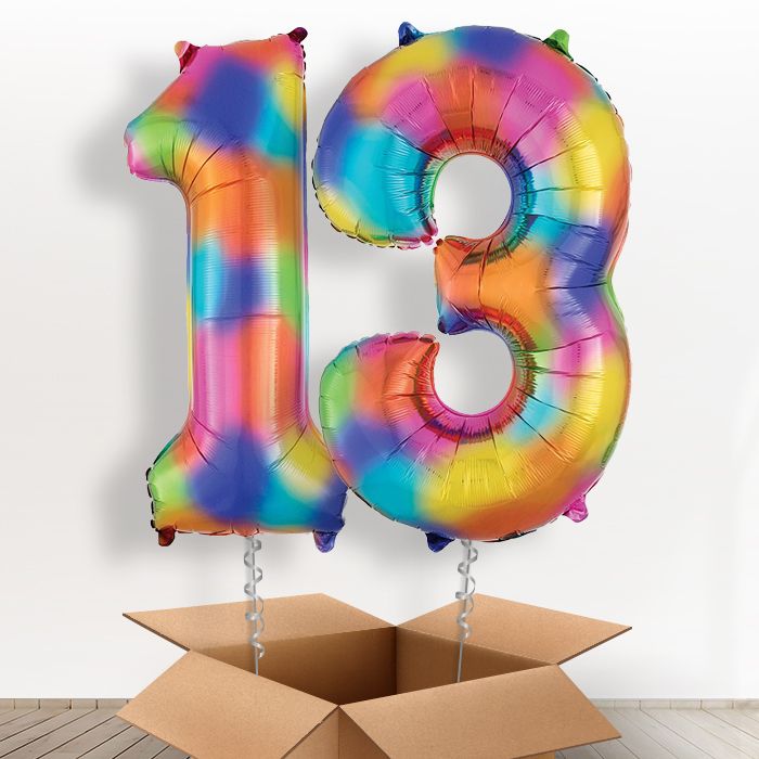 Rainbow Number 13 Helium Balloons in a Box - Package | Party Save Smile