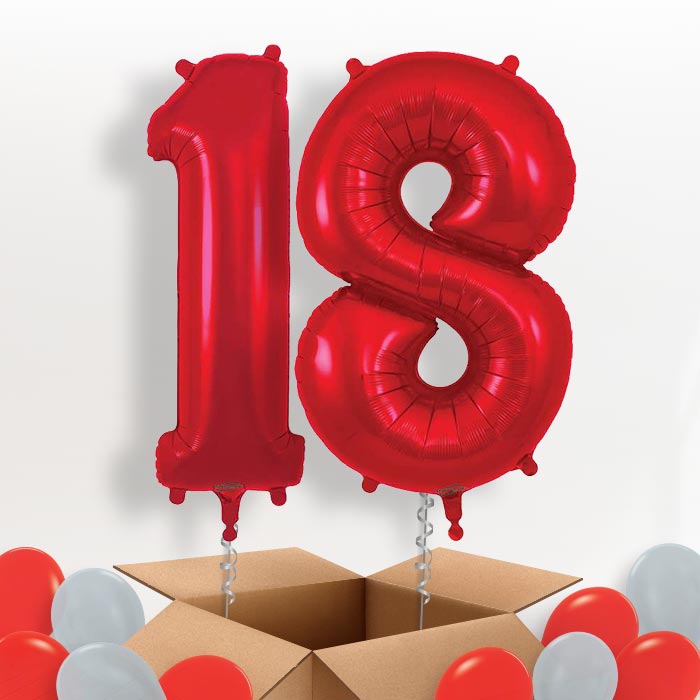 Red 18 Balloons in a Box: 18th Birthday Number Balloons - Package | Party Save Smile