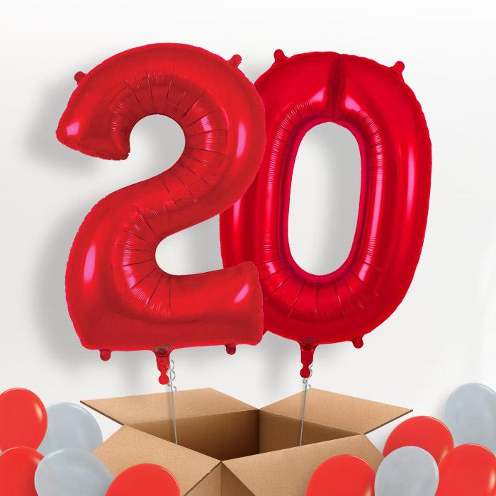 Red 20 Balloons in a Box: 20th Birthday Number Balloons - Package | Party Save Smile