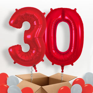 Red 30 Balloons in a Box: 30th Birthday Number Balloons