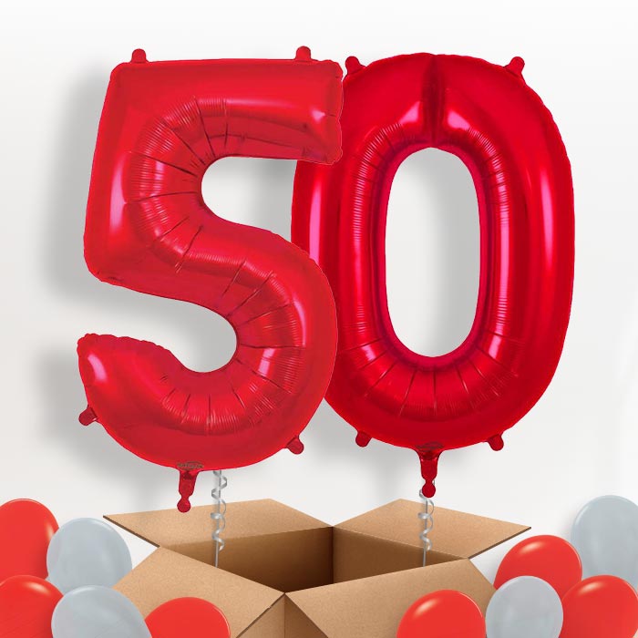 Red 50 Balloons in a Box: 50th Birthday Number Balloons - Package | Party Save Smile