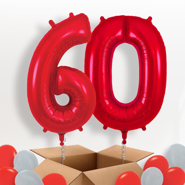 Red 60 Balloons in a Box: 60th Birthday Number Balloons - Package | Party Save Smile