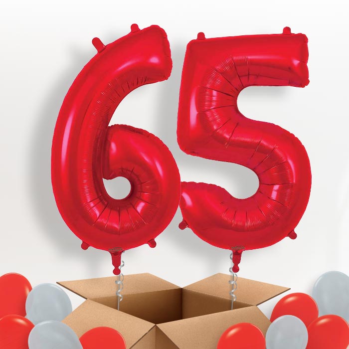 Red 65 Balloons in a Box: 65th Birthday Number Balloons - Package | Party Save Smile