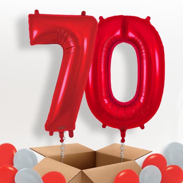 Red 70 Balloons in a Box: 70th Birthday Number Balloons - Package | Party Save Smile