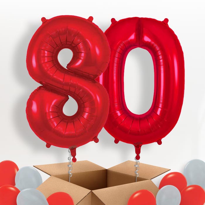 Red 80 Balloons in a Box: 80th Birthday Number Balloons - Package | Party Save Smile